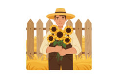 Farmer holding sunflowers with straw hat in autumn farm land Product Image 1