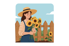 Woman holding sunflowers in garden with wooden fence and blu Product Image 1