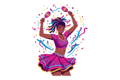 Woman dancing with maracas in colorful traditional dress and Product Image 1