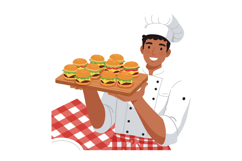 Chef holding tray with multiple cheeseburgers on checkered t Product Image 1