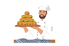 Chef holding wooden tray with stacked cheeseburgers smiling Product Image 1