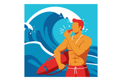 Lifeguard blowing whistle with red rescue buoy and ocean wav Product Image 1