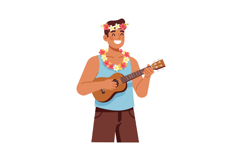 Man playing ukulele with flower lei and tropical attire smil Product Image 1