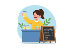 Young girl selling lemonade at stand with jars and chalkboar Product Image 1