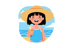 Girl in blue swimsuit eating ice cream at beach summer vacat Product Image 1