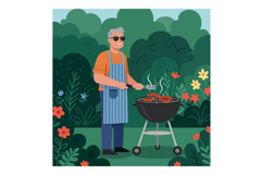 Elderly man grilling meat outdoors in garden surrounded by g Product Image 1