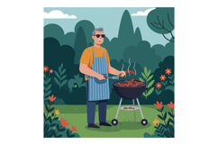 Man Wearing Apron Grilling Meat Outdoors in Garden on Sunny Product Image 1