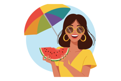 Woman wearing yellow dress eating watermelon under colorful Product Image 1