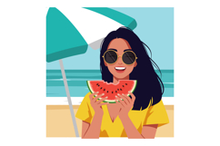 Young woman eating watermelon at beach with umbrella and oce Product Image 1