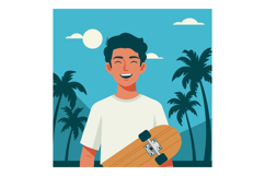 Teenager holding skateboard with palm trees and sunny blue s Product Image 1