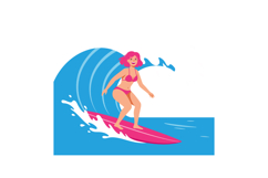 Woman surfing on pink surfboard riding blue ocean wave summe Product Image 1