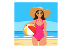 Woman in Pink Swimsuit Holding Colorful Beach Ball on Sunny Product Image 1
