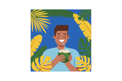 Man drinking coconut water surrounded by tropical leaves and Product Image 1