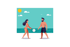 Beach volleyball couple playing by the sea under sunny sky v Product Image 1
