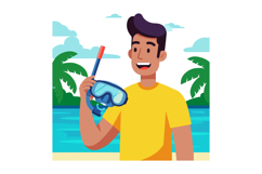 Man Holding Snorkel Mask by Tropical Beach with Palm Trees a Product Image 1