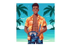 Young man in tropical shirt holding snorkel and mask on beac Product Image 1