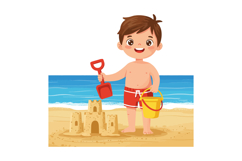 Boy building sandcastle on beach with red shovel and yellow Product Image 1