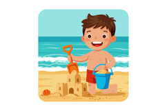 Boy Building Sandcastle on Beach with Blue Bucket and Orange Product Image 1