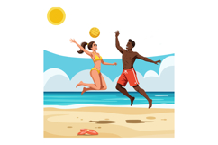 Beach volleyball game with woman and man jumping for ball on Product Image 1