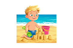 Boy Building Sandcastle on Beach with Bucket and Shovel Summ Product Image 1
