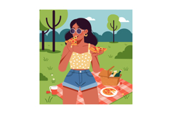 Woman Eating Pizza Outdoors on Picnic Blanket in Sunny Park Product Image 1