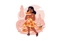 Woman enjoying pizza picnic outdoors in floral dress with su Product Image 1
