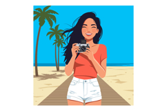 Young woman with camera on beach boardwalk summer vacation l Product Image 1