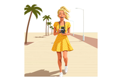 Woman in yellow dress holding camera walking on sunny palm t Product Image 1