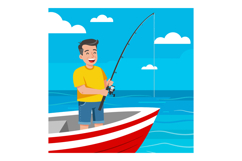 Man fishing in red boat on blue sea with clear sky and cloud Product Image 1