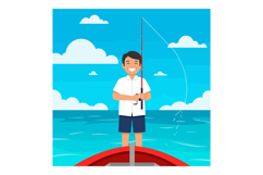 Boy fishing on boat in blue sea under cloudy sky vector illu Product Image 1