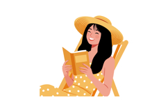 Woman in yellow polka dot dress and straw hat reading book i Product Image 1