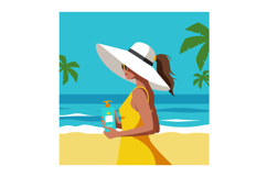 Woman in yellow dress holding sunscreen on tropical beach wi Product Image 1