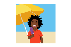 Child enjoying purple popsicle under yellow beach umbrella i Product Image 1