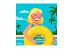 Girl with yellow swim ring enjoying summer pool day with pal Product Image 1