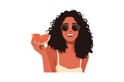 Woman with curly hair holding grapefruit slice smiling with Product Image 1