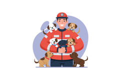 A smiling man in a red jacket surrounded by playful puppies Product Image 1