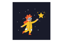 Cheerful child in a yellow jumpsuit reaching for a glowing s Product Image 1
