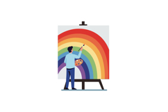 A man painting a colorful rainbow on a canvas in a minimal f Product Image 1