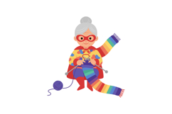Cheerful elderly woman knitting a colorful scarf in a flat v Product Image 1