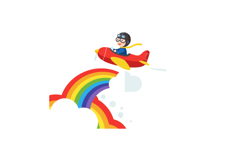 A joyful child flying a red airplane over a vibrant rainbow Product Image 1