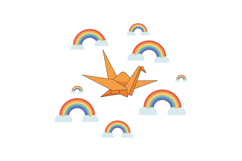 Orange origami crane soaring among colorful rainbows and flu Product Image 1