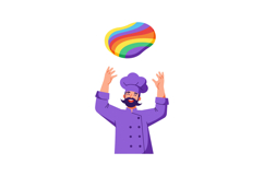 Chef in purple uniform joyfully tossing colorful dough in a Product Image 1