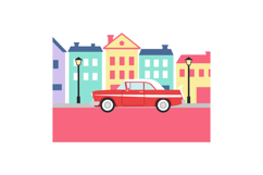Red vintage car driving through a colorful city street in fl Product Image 1