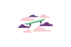 Green skateboard floating among pink and purple clouds in a Product Image 1