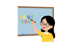 A joyful girl writing colorful letters on a chalkboard in fl Product Image 1