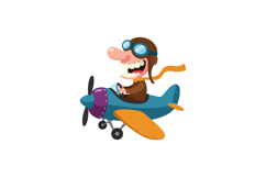 Happy cartoon pilot flying a colorful airplane in a flat vec Product Image 1
