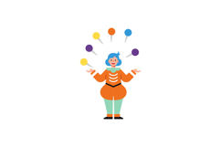 Colorful juggler in orange costume performing tricks with ba Product Image 1