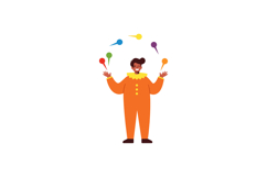 Clown in an orange costume juggling colorful balls in a chee Product Image 1