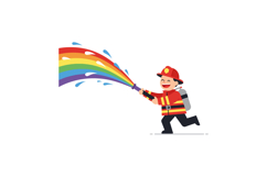 Cheerful firefighter spraying vibrant rainbow water in a pla Product Image 1
