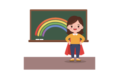A cheerful girl wearing a superhero cape in a classroom with Product Image 1